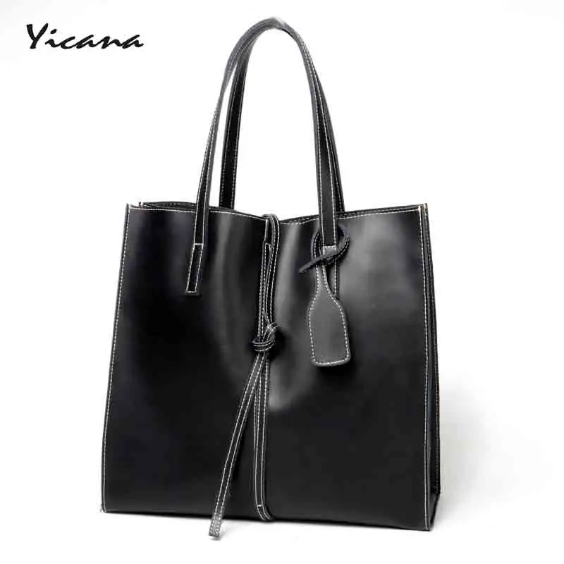 

Yicana 2018 Hot fashion 3 colors Cow leather Women's Totes bag shopping shoulder bag, simple and practical lady handbag.