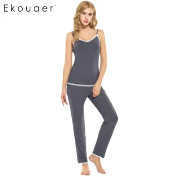 

Ekouaer Rayon Pajamas Sets Spring Nightwear Long Pant V-neck Pajama Soft Sleepwear Women Loungewear Sexy Nightgown Two-Piece