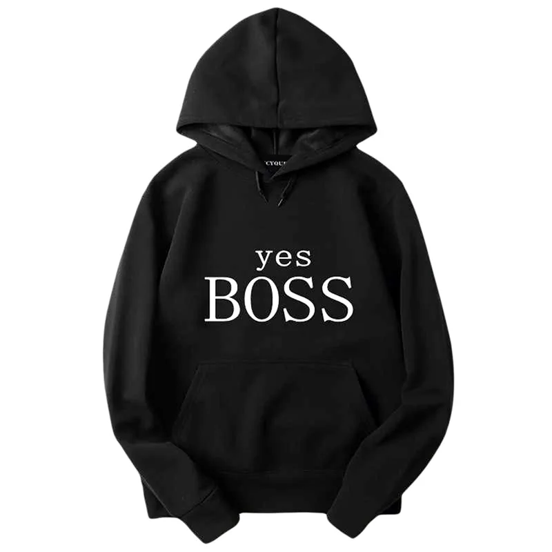 Womens Hoodies Yes Boss Letter Printed Long Sleeve Hoodie Sweatshirt Pullover Loose Tops Autumn Femme Hoody Pullover Black