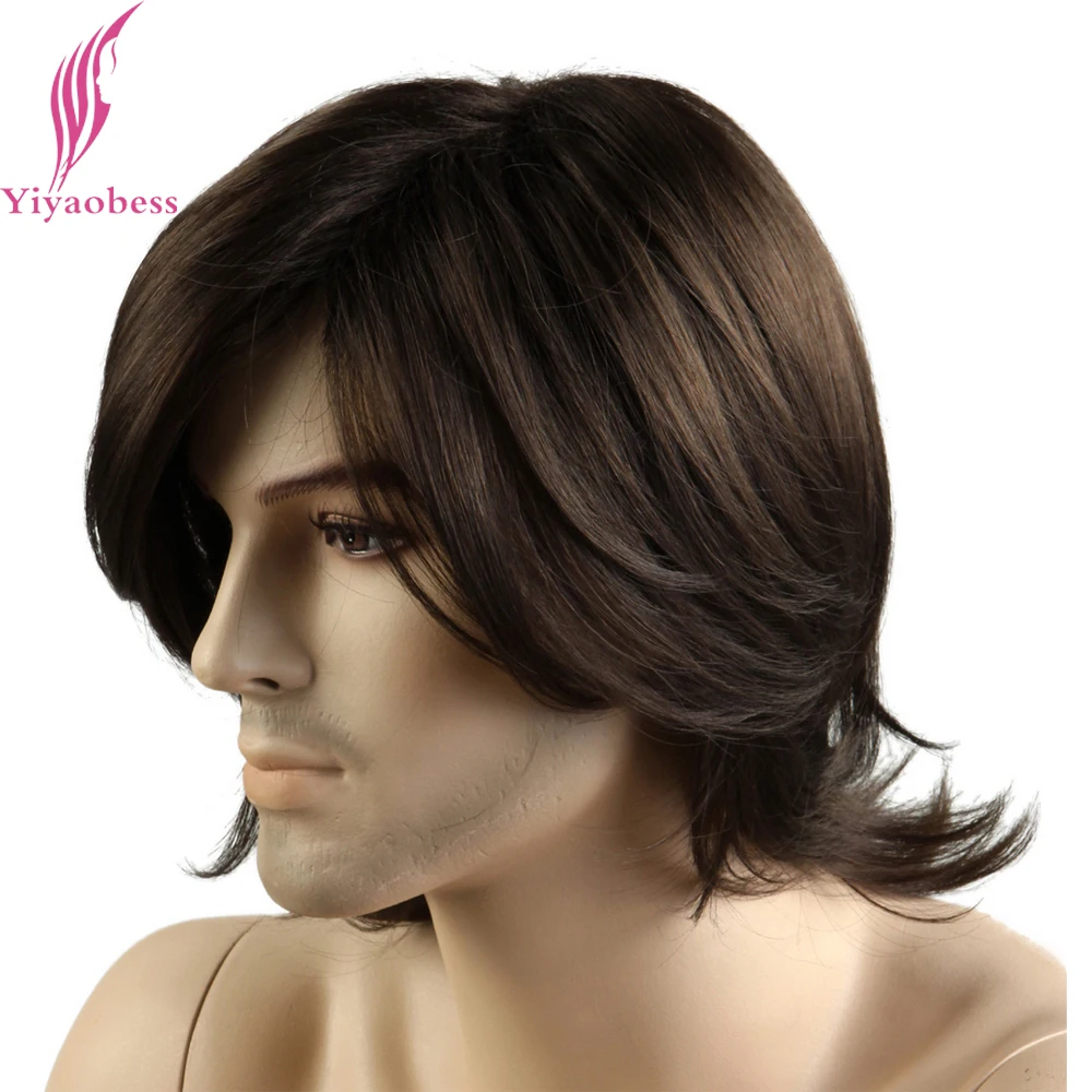 Yiyaobess 12 дюймов маленькие Волнистые Короткие Темно-коричневые мужские парики термостойкие синтетические волосы европейские мужские парики