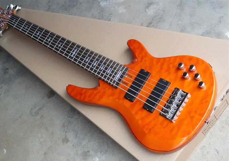 

6 Strings Orange Electric Bass with Chrome Hardwares and Flame Maple Veneer,Offer Customized