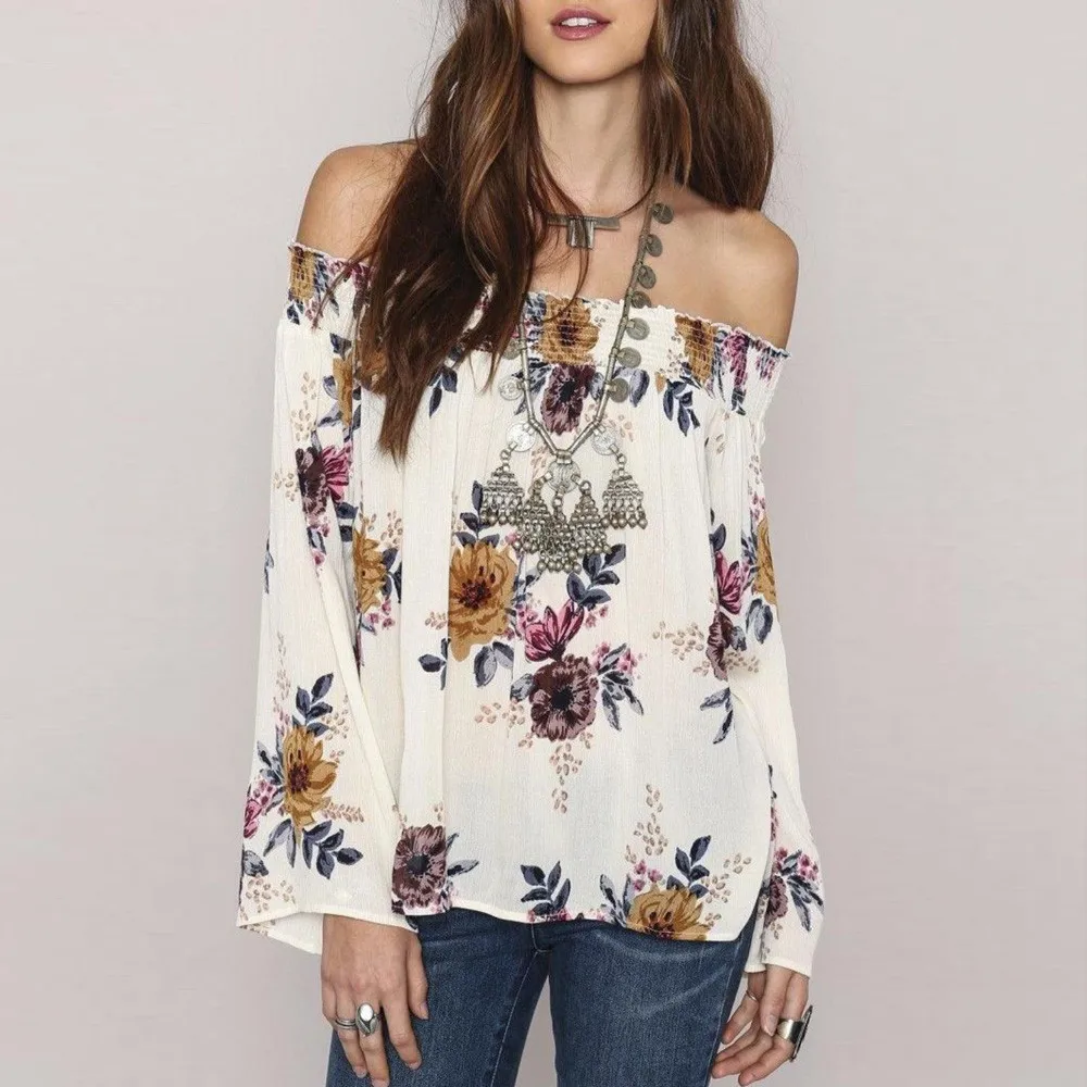 

Plus Size Fashion Women Ladies Loose Off Shoulder Chiffon Floral Print Tops Casual Long Sleeve Shirt Blouse Summer Female Blusa