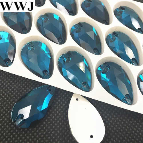 

15PCS/LOT 17x28mm Teardrop Sew On Rhinestones Blue Zircon Color Droplet Sewing Glass Crystals Dress Making