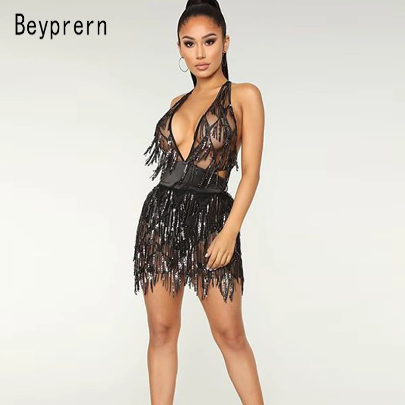 

Beyprern Luxury Deep V Neck Black Sequins Bodycon Party Dress Summer Womens Gorgeous Mesh Sequin Fringed Night Club Mini Dress