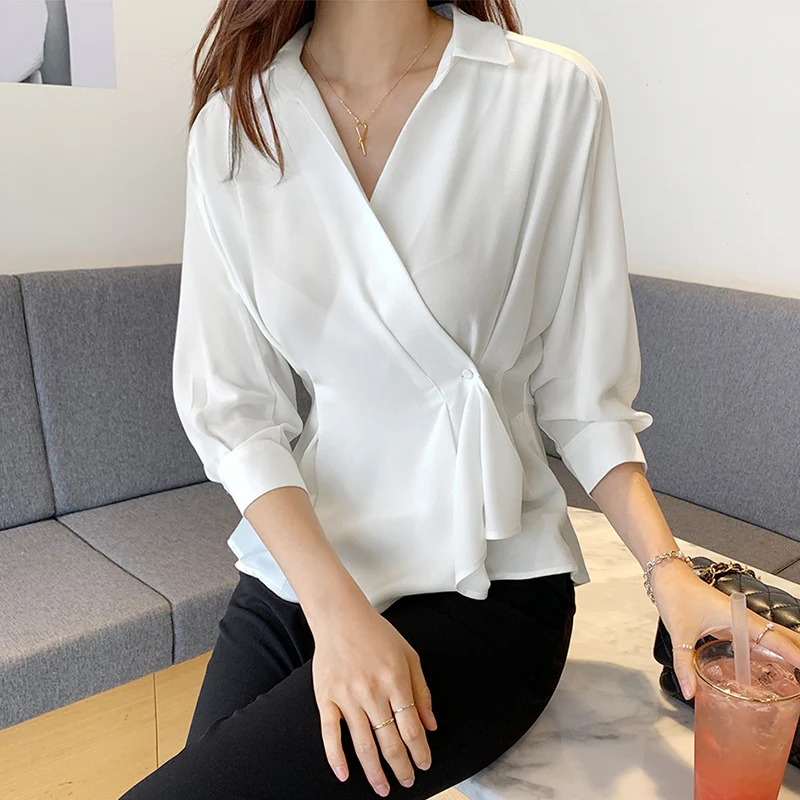 

Autumn Women Elegant Satin Shirts Lady V Neck Ruffles Satin Blouses Female Batwing Sleeve V Neck Ruffles Tops