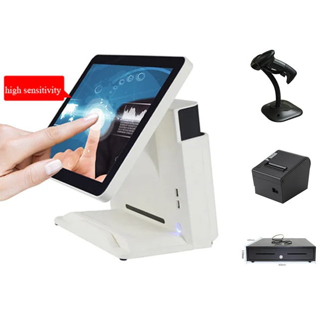 Best Quality 15 inch All in One POS Point of Sale Retail Cash Register System Including 80mm Thermal Printer,Barcode Scanner and Cash Box