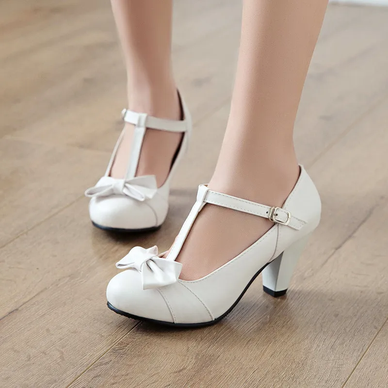 

YMECHIC 2019 Fashion Sweet Lolita Butterfly-knot T Strap Mary Jane Wedding Party Shoes Spike High Heels Ladies Pumps Plus Size