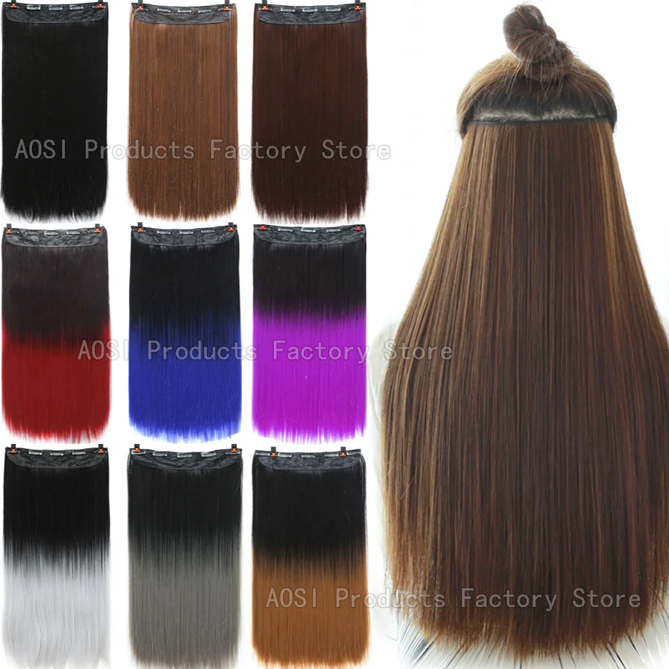 AOSI 60cm Long Straight Black Gray Blonde Women Ombre High Tempreture Synthetic Hairpiece 5 Clip in Hair Extensions Hair Piece