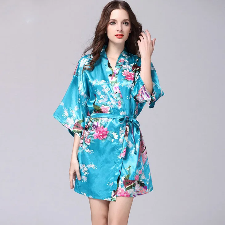 Ночная рубашка павлиньей расцветки рукав пижамы Халат Дамы Летний Шелковый Халат Один 022 - Цвет: Color 4