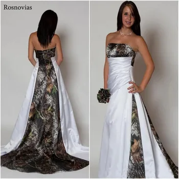 

Cheap Arabic Camo Wedding Dresses 2019 Strapless Sweep Train Pleats Modest Simple Garden A Line Bridal Gowns Vestido De Novia