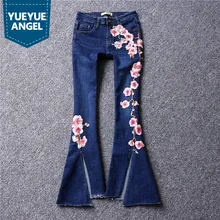 Высокая уличная раскол кисточкой тонкие расклешенные джинсы женские вышитые цветочные повседневные брюки летние синие модные джинсовые широкие брюки s-xl