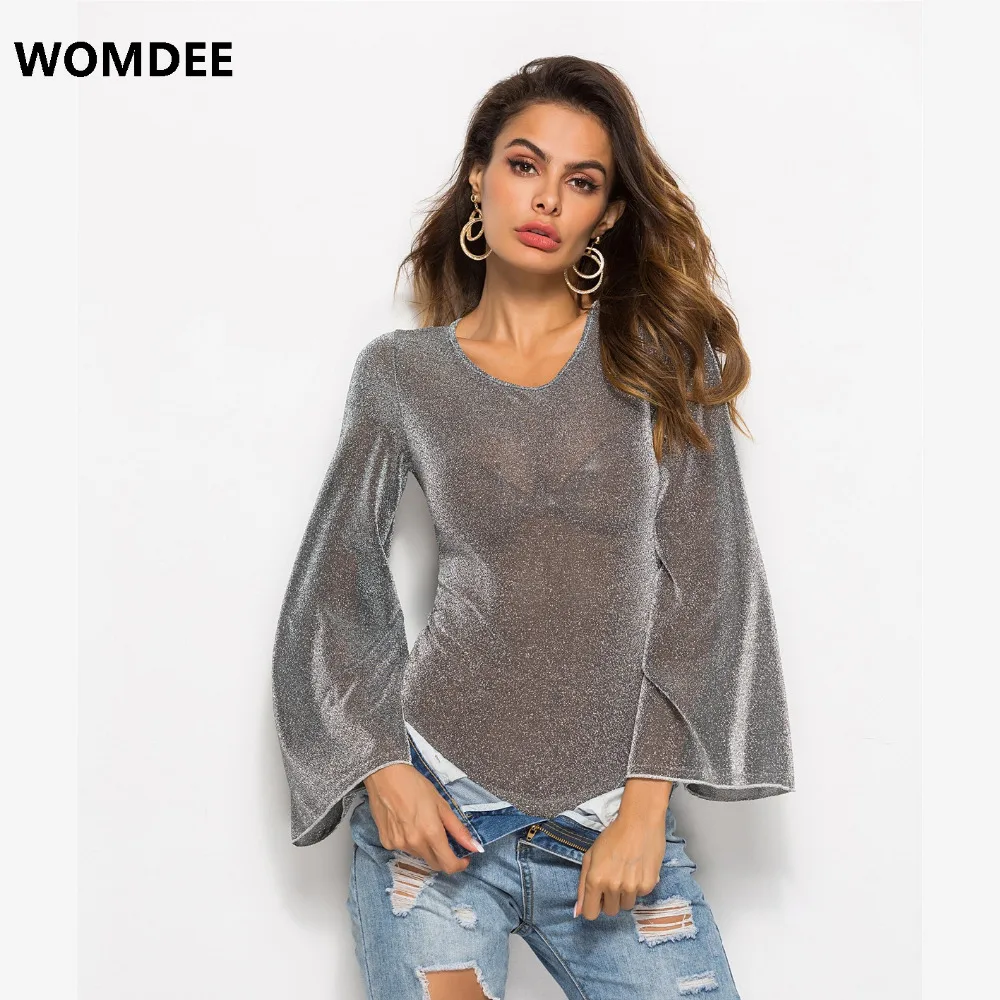 Lurex Mesh Women Sexy Perspective Bodysuits Slim Stretch Long Flare Sleeve Clubwear Jumpsuits 2018 New Autumn Casual Lace Tops 