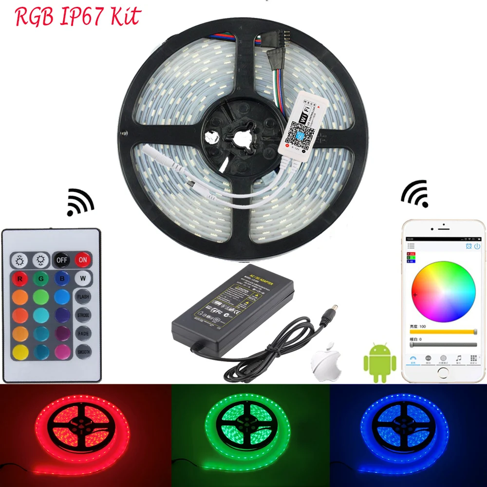 5050 RGB светодиодный wifi полосы освещения лента 60 светодиодный/м IP65 IP67 IP68 водонепроницаемый гибкий Tiras wifi светодиодный пульт дистанционного управления 12В адаптер