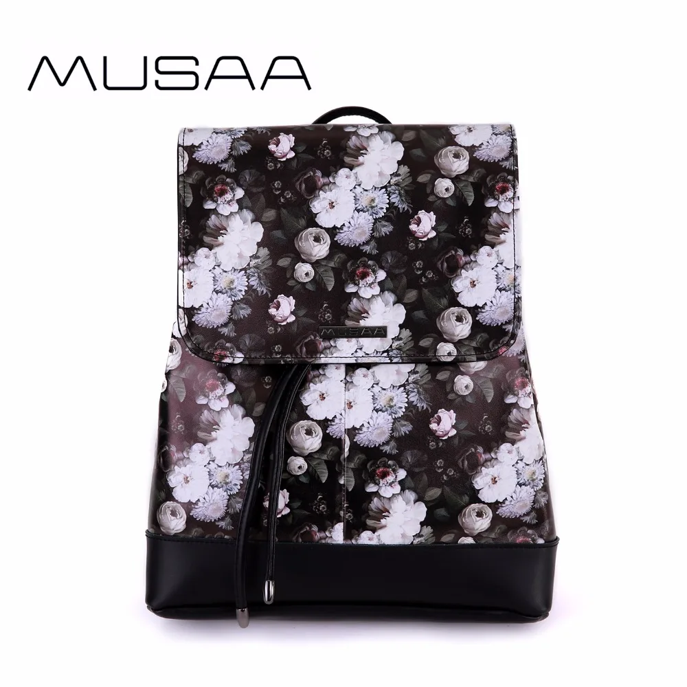 

MUSAA black Cover drawstring floral backpack women PU Leather Fashion retro printing bags for teenage girls