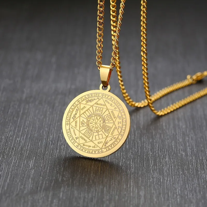 

Mens's Necklace Stainless Steel Gold Color The Seals Of The Seven Archangels Sigil Pendant Haniel Michael Gabriel Sign