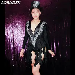 (Боди + шляпа) Bling Кристаллы Черный кисточки комбинезоны для мужчин и женщин ночной клуб костюмы пикантные Джаз костюмы латинских танцо