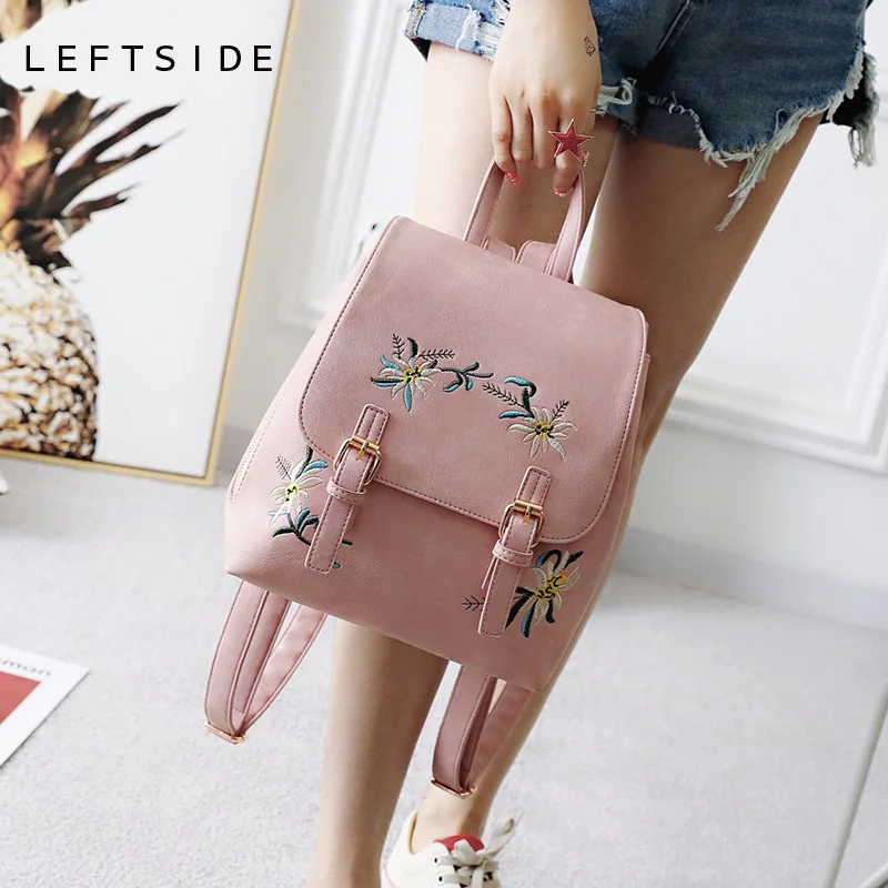 LEFTSIDE Fashion Pink Floral PU Leather Backpack Women Embroidery School Bag For Teenage Girls Ladies Small