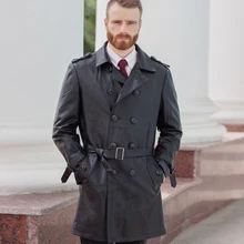 Повседневное Для мужчин s кожа Тренч Элитный бренд из натуральной кожи куртка длинные Для мужчин Осень-зима, верхняя одежда ветровка jaqueta couro