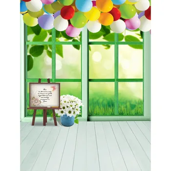 

TR Green Spring Grass Bokeh Backdrops Indoor Window View Color Balloons Wood Floor Children Baby Photography Studio Backgrounds