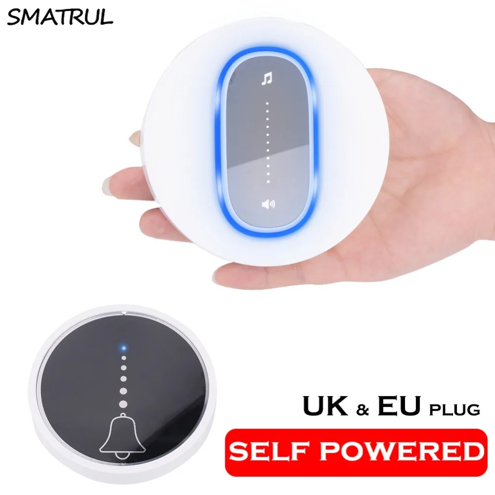 SMATRUL self powered Waterproof Wireless DoorBell night light no battery EU plug home Cordless Door Bell 1 2 button 1 2 Receiver 00