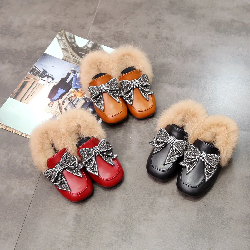 

Koovan Kids Winter Bowknot Rhinestone Rabbit Plush Shoes Children's Shoes Big Girls Princess Real Fur Small Flats Soft Boots