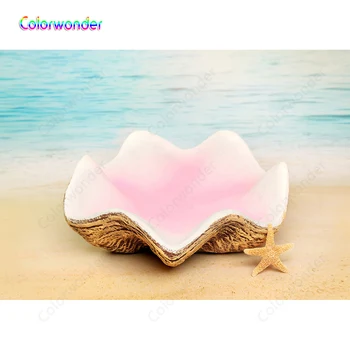 

Fairy Tale Underwater World Backgrounds Photography Pink Shell Seat with Yellow Starfish Backdrops for Baby Shower Party Decor