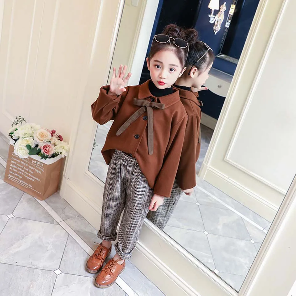 

2018 Fashion Baby Kids clothes Girls Clothing Set 2PCs Outfits Bow T Shirt Tops+ Plaid Pants Clothes Set Teenager Girls Sets
