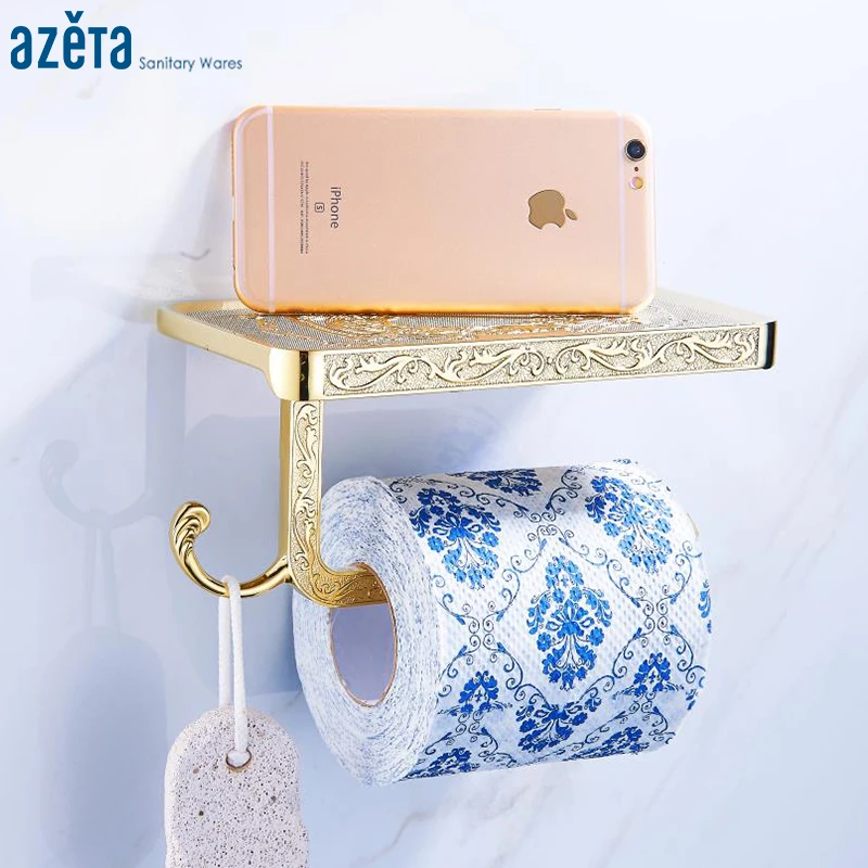 

Azeta Golden Carving Wall Mounted Toilet Roll Paper Rack Bathroom Zinc Alloy Holder Paper Towel Hook And Phone Shelf 21868G