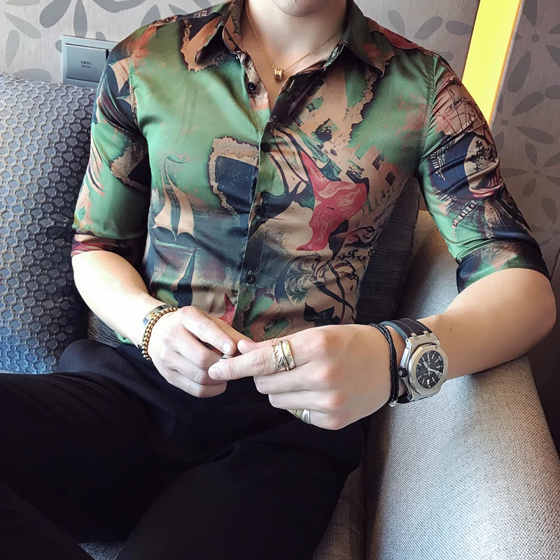 2017 Новый Зеленый Фантазии Рубашки Мужчины Британский Стиль Camisa Социальный Slim Fit