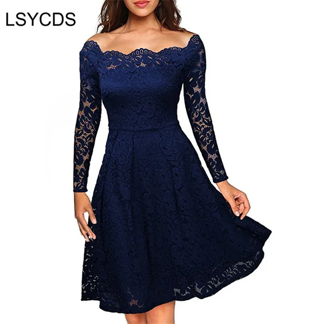 Woman Dresses 2021 Long Sleeve Slash Neck Wedding Party Wear Casual A-line Sexy Red Black White Lace Dress Plus Size S-3XL 3