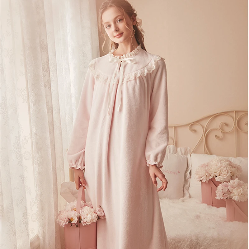 Monfince Women Flannel Nightgown, Lace Collar French Retro High Waist Long  Sleeve Autumn Winter Sleepwear Princess Sleep Dress