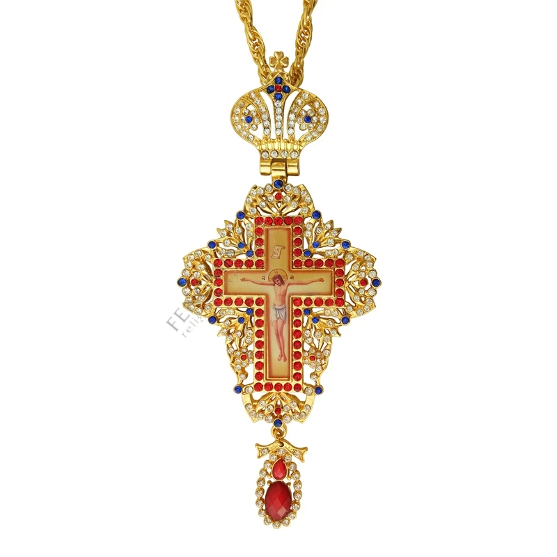 Bishop Priest Pectoral cross red crystals enamel jesus christ crucifix pendant with long chain necklace
