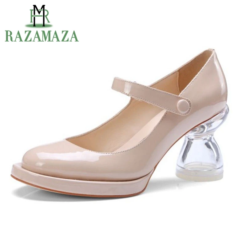 

RAZAMAZA Women High Heel Pumps Real Leather Transparent Stange Heels Round Toe Shoes Woman Korean Party Footwear Size 34-39