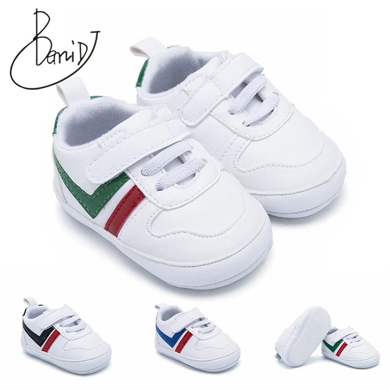 

2019 newborn shoes Rubber bottom boys shoes Oblique strip girls Indoor slip toddler shoe Breathable First Walkers baby shoes