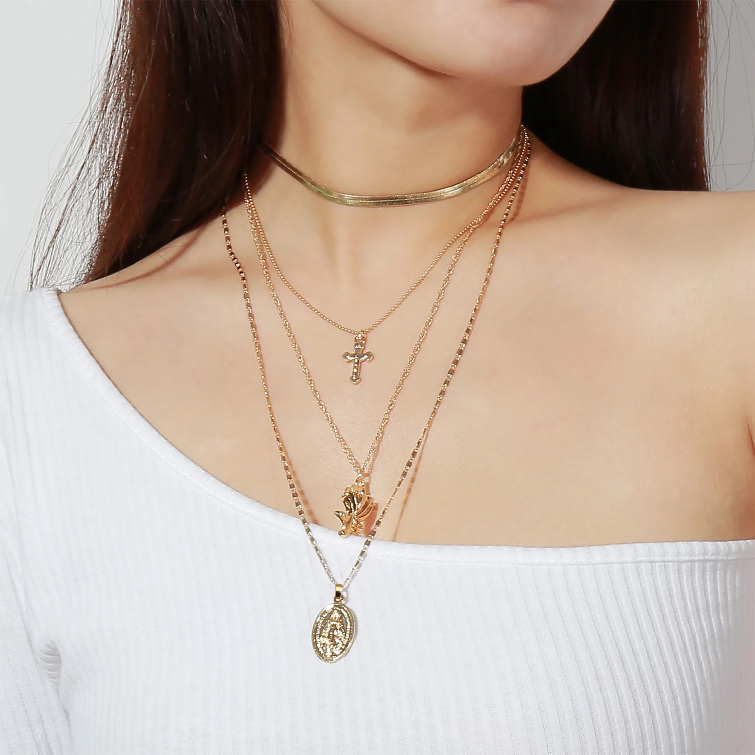 

Charms rosary Choker Trendy Fashion Multi Layered Chain Gold Silver Rose Jesus Big Cross Pendant Necklace women Jewelry collares