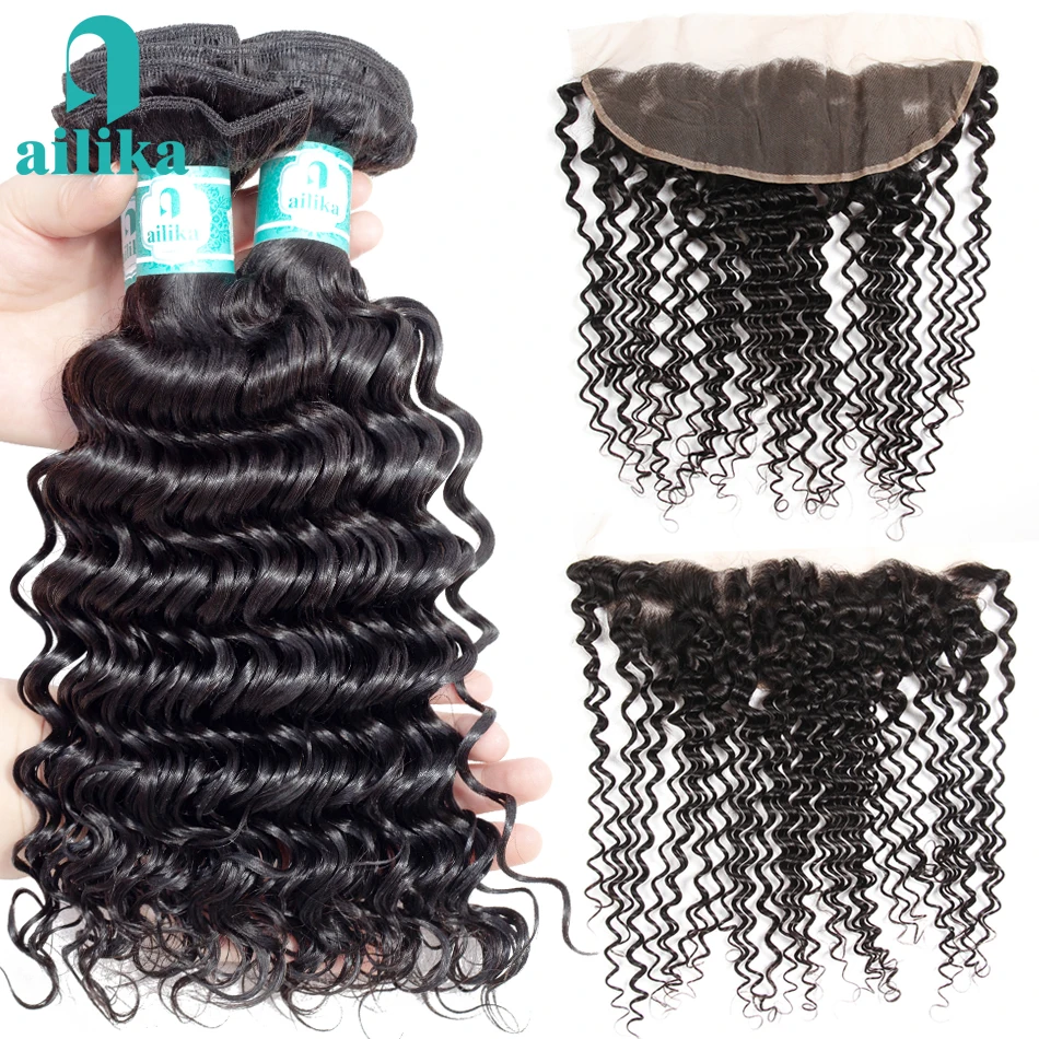 

AILIKA Hair Peruvian Deep Wave Bundles With Frontal Non Remy 3 Bundles Peruvian Human Hair Bundles With Closure Free Shipping