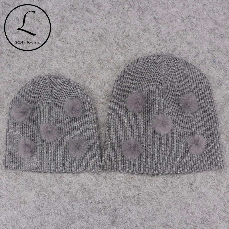 

Cute Soft Wool Real Mink Fur pompom Beanies hats For Baby Boys Girls Kids Autumn Winter Ribbed Knitted Skullies Hats For Newborn