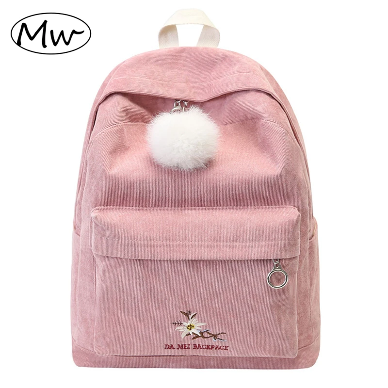 

Moon Wood Preppy Style Hairball Embroidery Flowers Corduroy Backpack Large Capacity Students Girls Book Bag Laptop Backpack 2019