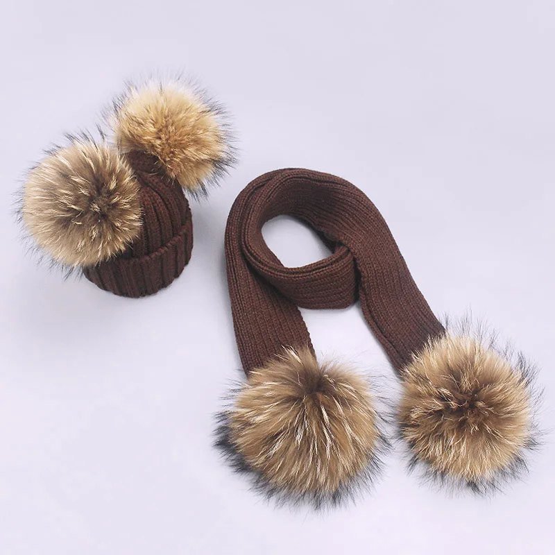 Children Pompon Beanie Hat Scarf Set Autumn Winter Outdoor Knitted Cotton Warm Real Raccoon Fur Pom-pom Caps Scarf 2 Piece Suit - Цвет: Coffee 4 balls