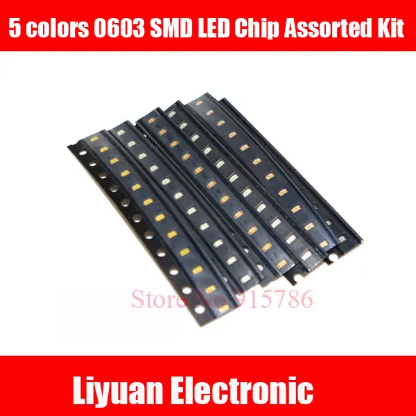 

50pcs (5 colors x 10pcs) 0603 SMD LED Chip Assorted Kit Blue Red White Green Yellow Light Emitting Diode Lamp