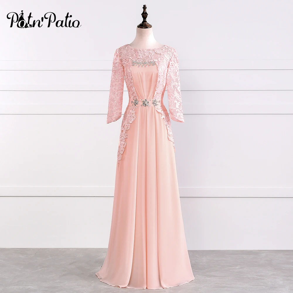 

Elegant O-neck A-line Floor-Length Chiffon Mother Of The Bride Dresses With Lace 3/4 Sleeves Plus Size