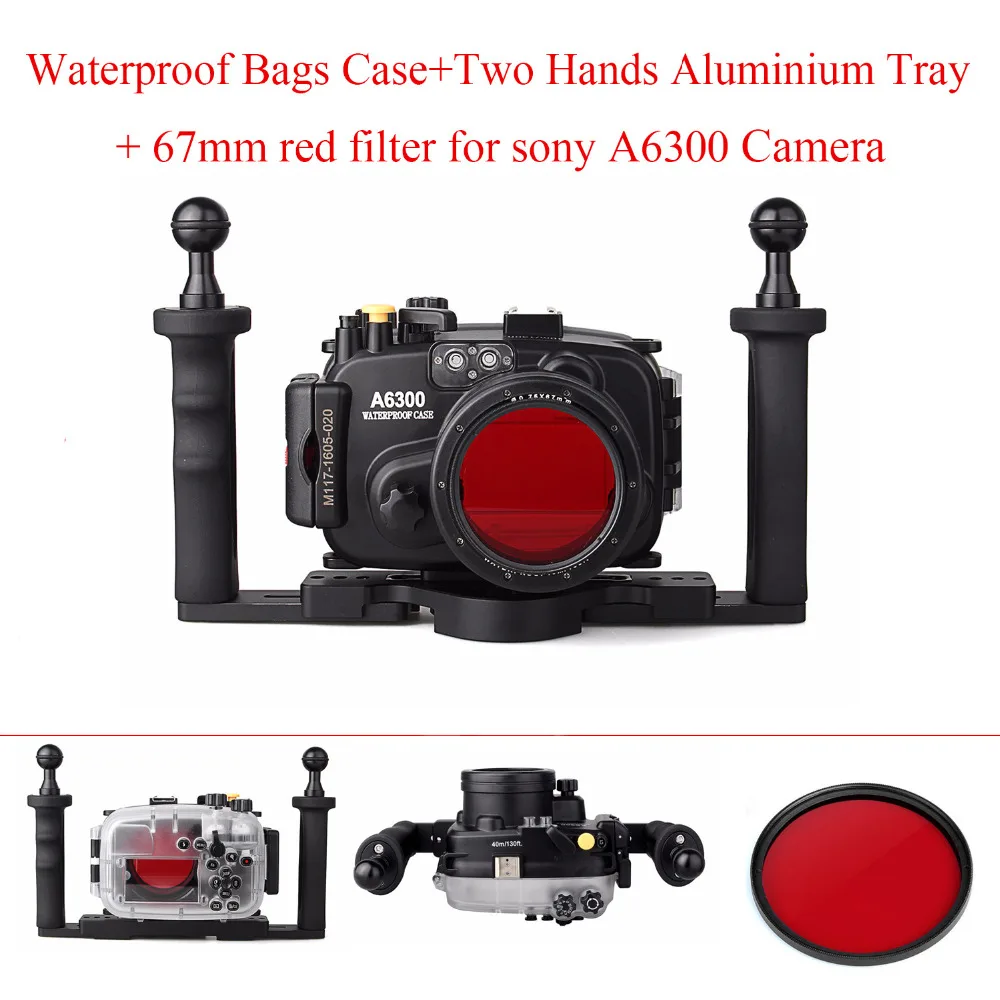 

Meikon 40m/130ft Waterproof Underwater Camera Housing Case for Sony A6300 16-50mm Lens +Two Hands Aluminium Tray+67mm Red Filter