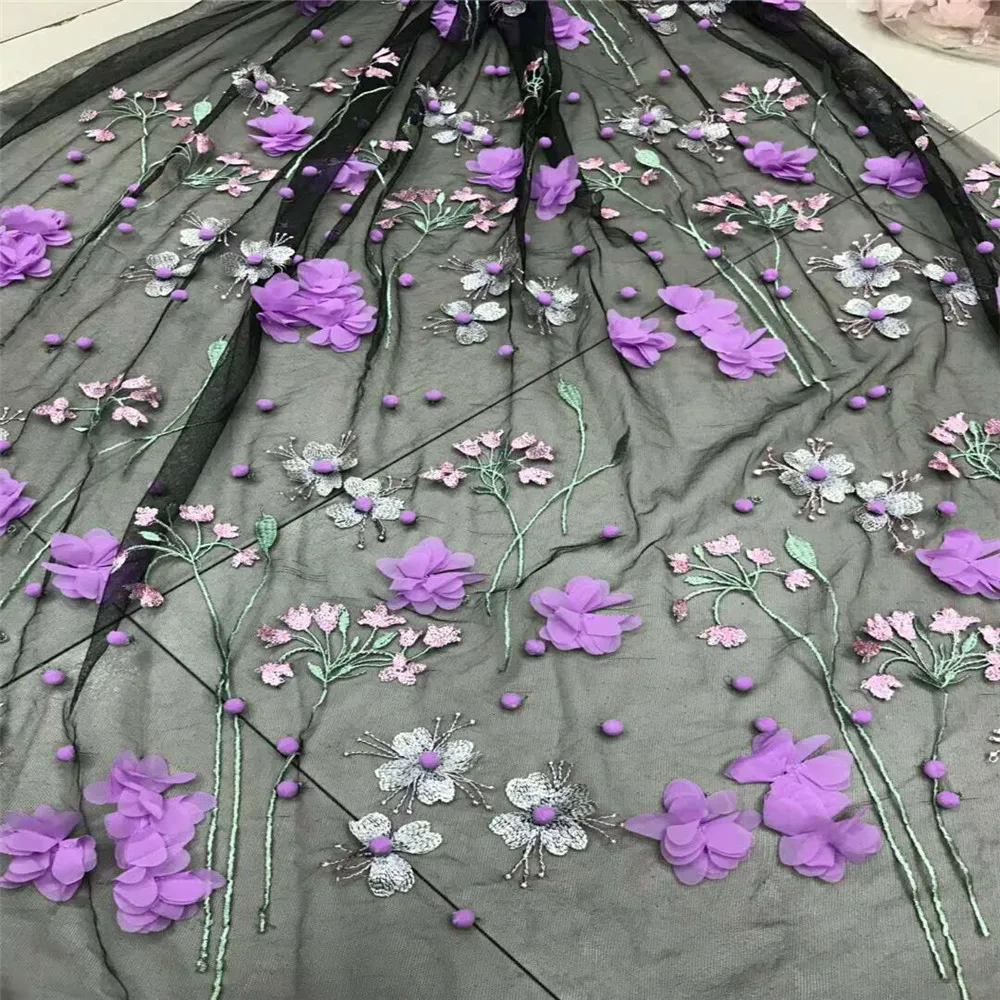 

African Wedding Applique Fashion Design Purple Cotton Ball Embroidery Dress Lace Purple 3d Big Flower Tulle Fabric X589-5