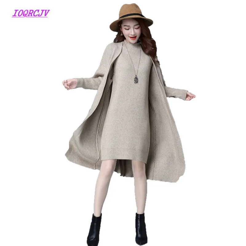 

Autumn Winter Women Sweater Dresses Suit Fashion Warm Long Sleeve Loose Two-piece Knitting Cardigan Vest Sweaters Dress Set W125