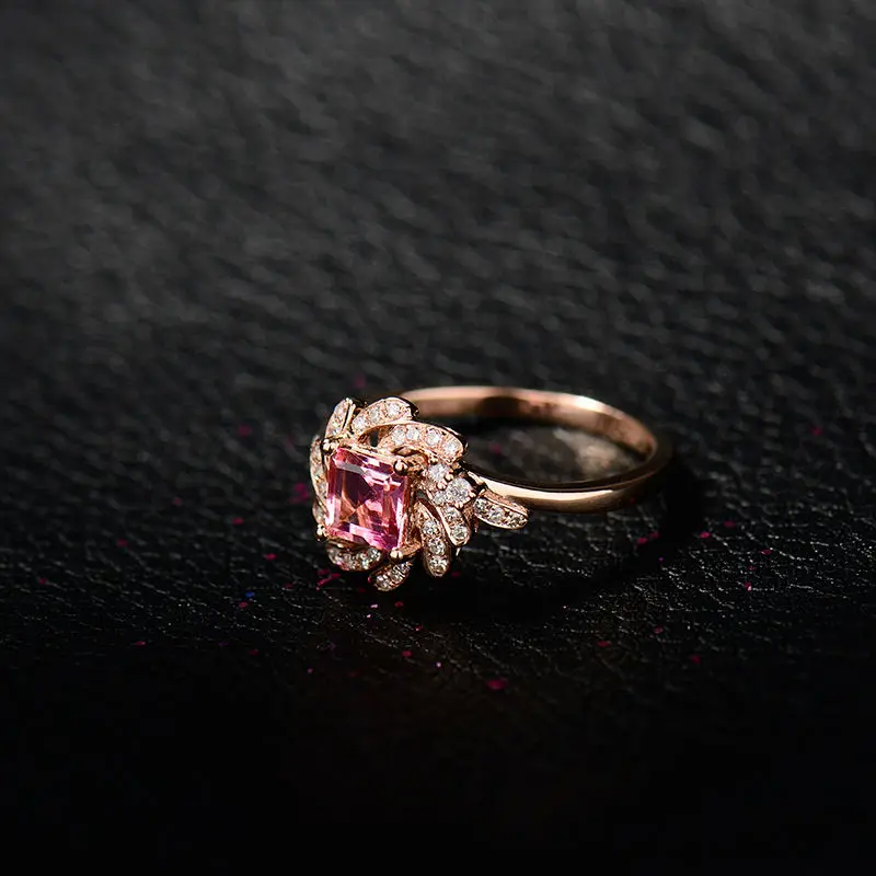 Trendy Princess Cut 5x5mm Pink Tourmaline Gemstone Ring Diamond In 18K Rose Gold For Party Fine Jewelry