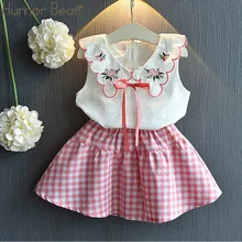 Humor Bear/комплект одежды для девочек, мода года, Летний милый жилет с кукольным воротником футболка+ клетчатая юбка Детский комплект боди, одежда для маленьких девочек