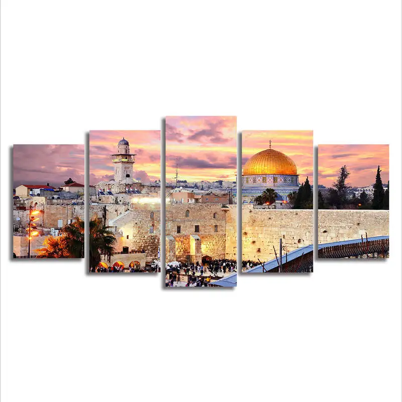 

Wall Art Canvas Prints Living Room HD Prints Posters 5 Pieces Islamic Arabic Calligraphy Muslim Building Paintings Home Decorate