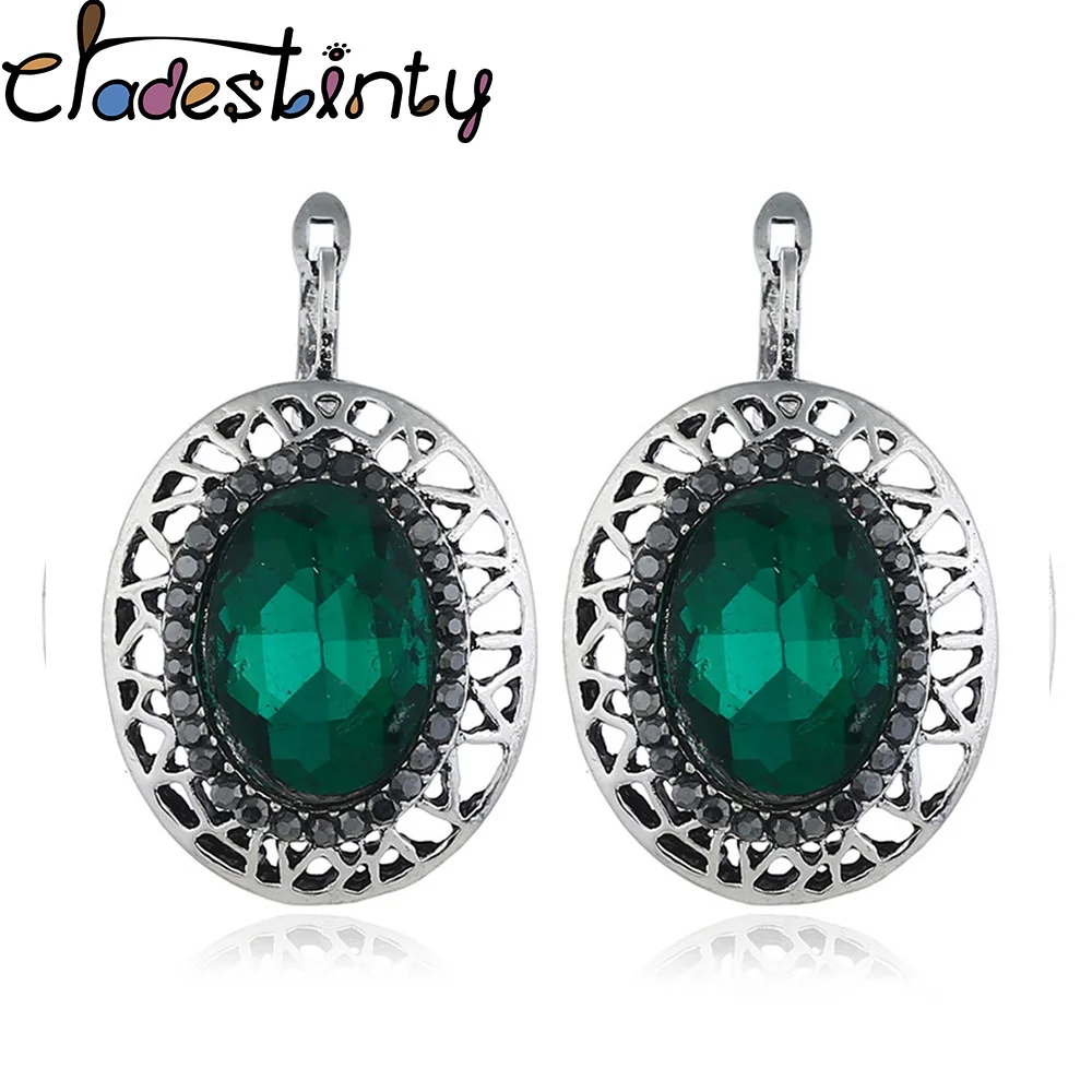 

Chadestinty Antique Silver Earring For Women Geometric Oval Crystal Stud Earrings Female Jewellery Blue Green Red Earings brinco