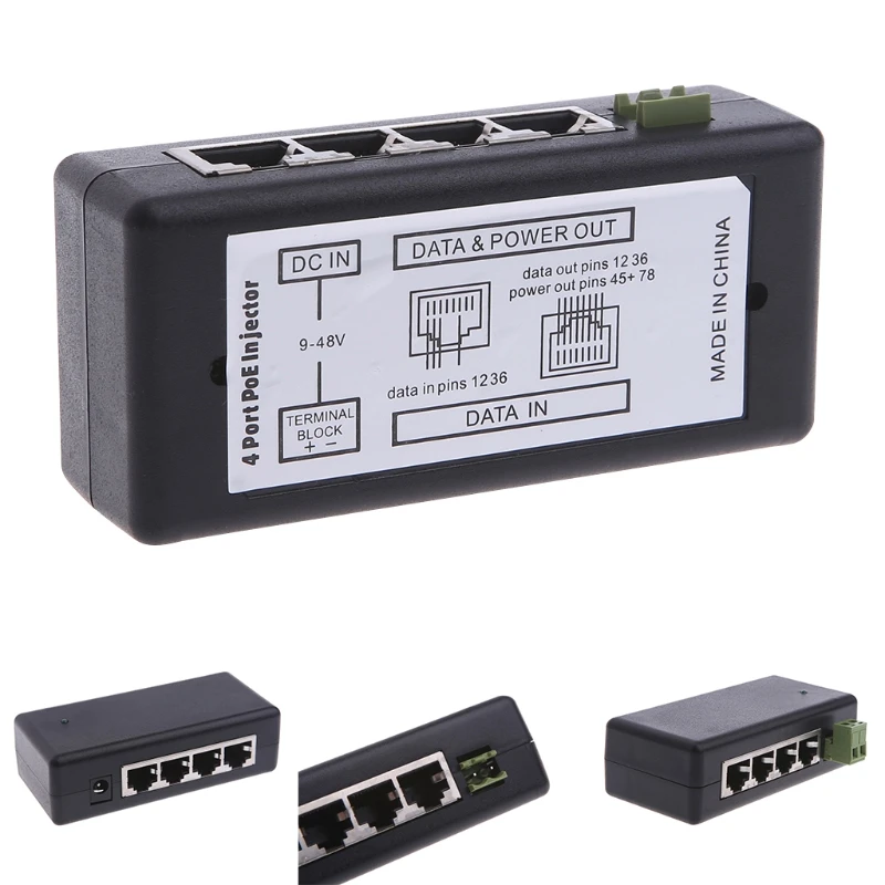 4 порт PoE инжектор для видеонаблюдения IP камеры мощность по Ethernet адаптер