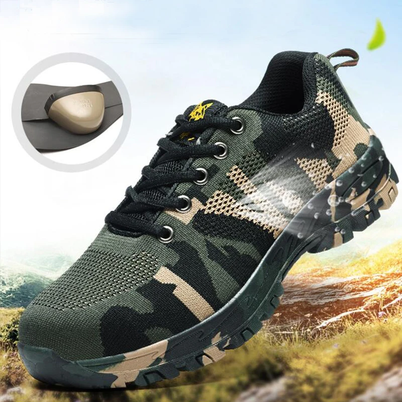 

Unisex Work Safety Shoes Big Size 36-47 Men Work Boots Camouflage Steel Toe Boots Men Outdoor Work Shoes Air Mesh Safety Boots